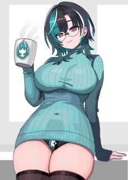1girl aqua_sweater black_panties black_thighhighs breasts cl_oor closed_mouth covered_navel cup curvy glasses highres holding holding_cup hololive hololive_dev_is large_breasts medium_hair multicolored_hair panties red_eyes ribbed_sweater rindo_chihaya smile solo streaked_hair sweater thighhighs thighs turtleneck turtleneck_sweater underwear virtual_youtuber