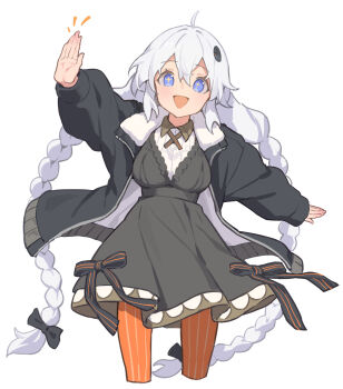 1girl ahoge arm_up blue_eyes blush braid dress highres jacket kizuna_akari long_hair looking_at_viewer open_clothes open_jacket open_mouth pantyhose smile solo sparkling_eyes striped_clothes striped_pantyhose twin_braids vertical-striped_clothes vertical-striped_pantyhose very_long_hair voiceroid white_hair yamamomo_(plank)