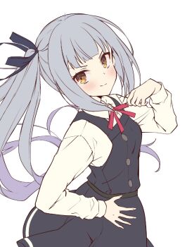 1girl black_ribbon blush breasts brown_eyes commentary_request dress grey_hair hair_ribbon kantai_collection kasumi_(kancolle) kasumi_kai_ni_(kancolle) long_hair long_sleeves looking_at_viewer neck_ribbon nueco pinafore_dress red_ribbon ribbon school_uniform shirt side_ponytail sleeveless sleeveless_dress small_breasts smile solo upper_body white_background white_shirt