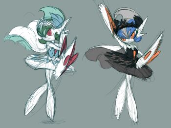 2girls alternate_design alternate_hairstyle alternate_universe arm_blade arm_up ballet black_dress black_hairband black_skirt blue_hair bob_cut capelet colored_skin commentary crossed_arms dancing dress english_commentary gallade gen_4_pokemon genderswap genderswap_(mtf) green_hair grey_background hairband lampette looking_to_the_side mega_gallade mega_pokemon mohawk multicolored_skin multiple_girls nintendo pokemon pokemon_(creature) pokemon_focus red_eyes side-by-side sketch skirt strapless strapless_dress turning_head tutu two-tone_skin unfinished weapon white_capelet white_dress white_hairband white_skin white_skirt wind