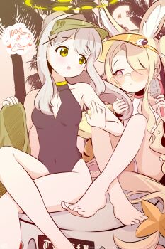 1boy 2girls adapted_costume animal_ear_fluff animal_ears black_one-piece_swimsuit blonde_hair blue_archive blush breasts cleavage_cutout clothing_cutout collarbone commentary cosplay covered_navel cross_hair_ornament crossed_ankles crossed_legs diamond_cutout doodle_sensei_(blue_archive) extra_ears fox_ears fox_girl fox_tail green_eyes green_visor grey_hair hair_brush hair_ornament hair_over_one_eye halftone halo hands_up hare_(blue_archive) highleg highleg_one-piece_swimsuit highres holding holding_another&#039;s_hair holding_hair_brush knees_up long_hair looking_at_another medium_breasts millennium_science_school_logo misskey.io_username multiple_girls official_alternate_costume one-piece_swimsuit orange-tinted_eyewear outdoors palm_tree pink_eyes pixiv_username ponytail seia_(blue_archive) seia_(blue_archive)_(cosplay) seia_(swimsuit)_(blue_archive) sensei_(blue_archive) sidelocks sitting speech_bubble spoken_character swimsuit tail tail_ornament thought_bubble tinted_eyewear tree turtleneck turtleneck_one-piece_swimsuit twitter_username tzcream visor_cap white_one-piece_swimsuit yellow_halo yellow_visor