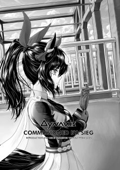 1girl animal_ears breasts character_request commentary dynamis_(artist) english_commentary gloves greyscale highres horse_ears horse_girl horse_tail long_hair monochrome ponytail solo tail umamusume