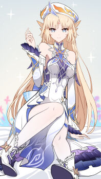 Rule 34 | 1girl, absurdres, bare shoulders, blonde hair, boots, breasts, closed mouth, commentary request, cross-shaped pupils, detached sleeves, dress, facial mark, forehead mark, genshin impact, grey background, hat, highres, long hair, long sleeves, looking at viewer, medium breasts, mxirony, nicole pmonachi, nicole reeyn, pelvic curtain, simple background, sitting, smile, solo, symbol-shaped pupils, very long hair, white boots, white dress, white hat, white sleeves