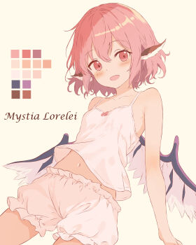 1girl :d absurdres alternate_costume animal_ears bare_shoulders bird_ears bird_wings bloomers blush breasts camisole character_name collarbone color_guide commentary_request cowboy_shot dutch_angle feathered_wings hair_between_eyes highres iris-san looking_at_viewer midriff_peek mystia_lorelei navel no_headwear open_mouth pink_eyes pink_hair short_hair simple_background small_breasts smile solo touhou underwear underwear_only white_background white_bloomers white_camisole wings