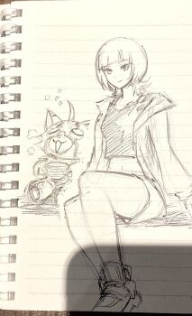 digimon digimon_(creature) digimon_beatbreak highres jacket mas_square pristimon sakuya_reina short_hair star_(symbol) traditional_media