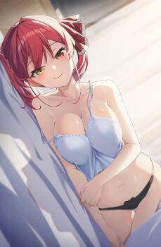 1girl absurdres black_panties blush breasts camisole cleavage closed_mouth collarbone hair_ribbon happy heterochromia highres hololive houshou_marine indoors large_breasts looking_at_viewer lying medium_hair navel off_shoulder on_bed on_side panties pov_across_bed red_eyes red_hair red_ribbon reulem ribbon single_off_shoulder smile solo stomach television twintails underwear underwear_only upper_body virtual_youtuber white_camisole yellow_eyes