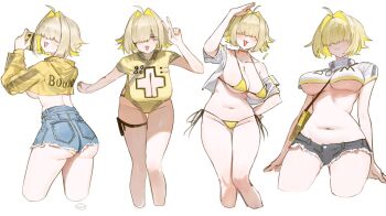 :3 ahoge bikini blonde_hair blue_shorts blush breasts cleavage collarbone colored_inner_hair commentary_request cropped_jacket cropped_legs cropped_shirt cross_cutout cutoffs denim denim_shorts elegg_(nikke) fang goddess_of_victory:_nikke grey_shorts groin hair_intakes hair_over_eyes highres jacket large_breasts lunifish micro_shorts multicolored_hair multiple_views navel open_clothes open_shirt shanghai_neckline shirt short_hair short_shorts shorts side-tie_bikini_bottom simple_background swimsuit underboob v white_background white_shirt yellow_bikini yellow_jacket