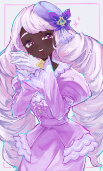 1girl :d absurdres bow commentary_request dark-skinned_female dark_skin dress eyelashes glove_bow gloves hands_up happy highres jacinthe_(pokemon) long_hair long_sleeves looking_at_viewer nintendo open_mouth pokemon pokemon_legends:_z-a purple_eyes smile solo sparkle teeth tilted_headwear twintails upper_teeth_only user_yxau2454 white_background white_gloves yellow_bow