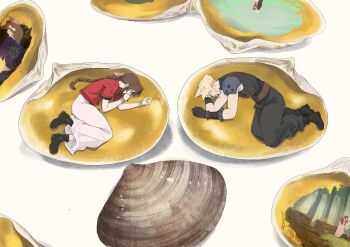 1boy 1girl absurdres aerith_gainsborough armor back-to-back baggy_pants bangle belt black_boots black_gloves black_pants black_shirt blonde_hair boots bracelet braid braided_ponytail brown_belt brown_boots brown_hair church cloud_strife cropped_jacket dress final_fantasy final_fantasy_vii final_fantasy_vii_rebirth final_fantasy_vii_remake fireworks full_body gloves gondola hair_ribbon highres jacket jewelry lifestream long_dress long_hair lying on_side pants parted_bangs pauldrons pink_dress pink_ribbon red_jacket ribbon sharp_teeth shell shell_casing shirt short_hair shoulder_armor sidelocks single_braid single_pauldron sleeveless sleeveless_turtleneck sodacure21 suspenders teeth turtleneck