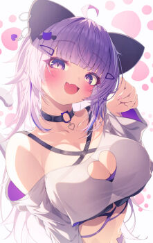 1girl :d absurdres ahoge animal_ears black_bra black_collar blunt_bangs bra breasts cat_ears cat_girl cleavage clothing_cutout collar commentary criss-cross_halter cropped_shirt ear_covers fang fingernails hair_ornament hairclip hairpin halterneck hand_up heart_cutout highres hololive long_hair looking_at_viewer messy_hair navel nekomata_okayu nekomata_okayu_(personya_respect) o-ring_collar official_alternate_costume official_alternate_hairstyle open_mouth paw_pose purple_eyes purple_hair shirt sho_me_1853 single_off_shoulder skin_fang smile solo underwear virtual_youtuber white_shirt