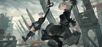 1boy 1girl 2b_(nier:automata) 9s_(nier:automata) absurdres android artistic_error black_boots black_choker black_dress black_gloves black_hairband black_jacket black_shorts boots buttons choker cloud commentary_request double-breasted dress factory feather-trimmed_sleeves gloves grey_hair hairband high_heel_boots high_heels highres hokago-tt jacket juliet_sleeves long_sleeves midair mole mole_under_mouth nier:automata nier_(series) no_blindfold non-humanoid_robot outdoors pod_(nier:automata) post-apocalypse puffy_sleeves robot shoe_soles short_hair shorts simple_bird thigh_boots