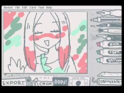 1girl animated blush_stickers brush calligraphy_brush chibi closed_eyes dynamite english_text explosive facing_viewer fake_screenshot greyscale marker mina_(pokemon) monochrome nintendo open_mouth paint_in_hair paint_splatter paint_splatter_on_face paintbrush paper paperclip pen pokemon pokemon_sm remoooon solo spot_color tagme upper_body user_interface video waving wigglypaint