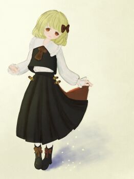 1girl absurdres ascot black_boots black_skirt black_vest blonde_hair boots bow full_body hair_bow highres long_skirt long_sleeves looking_at_viewer medium_hair monoxer red_ascot red_eyes rumia skirt skirt_hold solo standing touhou vest