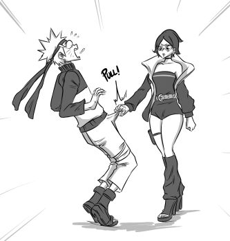 1boy 1girl angry ball_busting bare_legs bare_shoulders bdsm belt boruto:_two_blue_vortex breasts cbt earrings femdom glasses headband high_heels highres jewelry legs naruto_(series) naruto_shippuuden ocigart pulling pulling_testicles short_hair small_breasts squeezing squeezing_testicles testicles thighs toes uchiha_sarada uzumaki_naruto