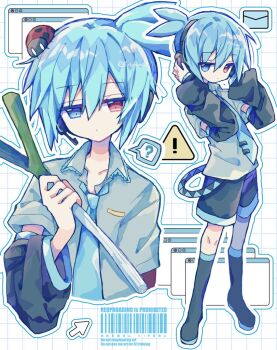 1boy ? black_boots black_shorts blue_eyes blue_hair blue_necktie boots closed_mouth collarbone collared_shirt commentary_request cosplay cropped_torso cursor double-parted_bangs food full_body futaba969649 grey_shirt grid_background hair_between_eyes hatsune_mikuo hatsune_mikuo_(cosplay) heterochromia holding holding_food holding_spring_onion holding_vegetable knee_boots looking_at_viewer male_focus multiple_views necktie outline puyopuyo red_eyes shirt short_hair short_sleeves shorts sig_(puyopuyo) spoken_question_mark spring_onion standing tie_clip vegetable vocaloid watermark white_background white_outline window_(computing)
