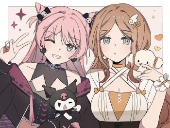 2girls bang_dream! bang_dream!_it&#039;s_mygo!!!!! black_jacket blue_eyes blush breasts brown_hair character_request chihaya_anon cleavage clenched_teeth closed_mouth commentary cone_hair_bun earrings hair_bun hair_ornament heart heart_earrings highres jacket jewelry kuromi large_breasts long_hair looking_at_viewer low_twintails multiple_girls nagasaki_soyo one_eye_closed open_mouth pink_hair sanrio seri_(vyrlw) smile symbol-only_commentary teeth twintails upper_body v white_background wing_hair_ornament