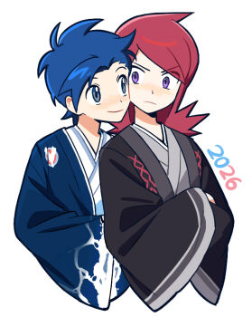 2026 2boys black_kimono blue_eyes blue_hair blue_kimono chueog closed_mouth commentary_request crossed_arms ethan_(pokemon) implied_yaoi japanese_clothes kimono light_blush looking_at_another male_focus multiple_boys new_year nintendo pokemon pokemon_hgss purple_eyes red_hair silver_(pokemon) simple_background upper_body white_background