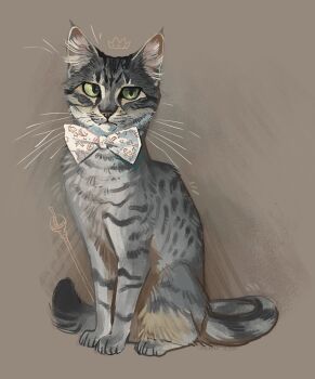 Rule 34 | absurdres, animal, animal focus, bow, bowtie, brown background, cat, commentary, crown (symbol), ear tufts, english commentary, finchwing, green eyes, grey cat, grey fur, highres, jitome, looking at viewer, no humans, original, realistic, simple background, sitting, solo, tabby cat, whiskers, white bow, white bowtie