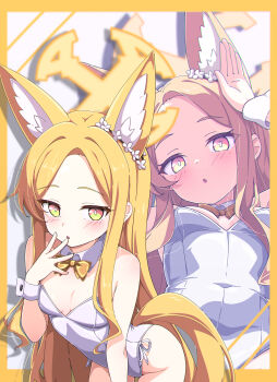 1girl alternate_costume animal_ear_fluff animal_ears bare_shoulders blonde_hair blue_archive blush border bow bowtie breasts bright_pupils cleavage cowboy_shot detached_collar different_zoom_layer extra_ears flower forehead fox_ears fox_girl fox_tail gradient_eyes hair_ornament halo highleg highleg_leotard kame_(nokonoko10271) leaning_forward leotard loli long_hair looking_at_viewer multicolored_eyes multiple_views parted_bangs parted_lips playboy_bunny seia_(blue_archive) small_breasts strapless strapless_leotard tail very_long_hair white_leotard white_pupils wrist_cuffs yellow_border yellow_bow yellow_bowtie yellow_eyes yellow_halo zoom_layer