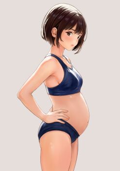 1girl big_belly blue_buruma blue_sports_bra blush bob_cut breasts brown_eyes brown_hair buruma closed_mouth commentary_request from_side grey_background hand_on_own_hip lips looking_at_viewer nobita_(nbnobita) original pregnant short_hair simple_background small_breasts solo sports_bra