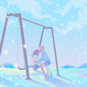 Rule 34 | 2girls, amaryllis (dr. stone), animal ears, animal hood, asagiri gen, black hair, blonde hair, blue choker, blue hoodie, blue sky, blush, boots, cat hood, choker, closed eyes, commentary, dark-skinned female, dark skin, dr. stone, dreadlocks, english commentary, heads together, high ponytail, highres, holding, hood, hoodie, implied yuri, interracial, kiss, koharyllis, long sleeves, medium hair, multiple girls, open mouth, ponytail, purple skirt, rabbit hood, scar, short hair, skirt, sky, surprised, very dark skin, white hoodie, winter, winter clothes, yuri