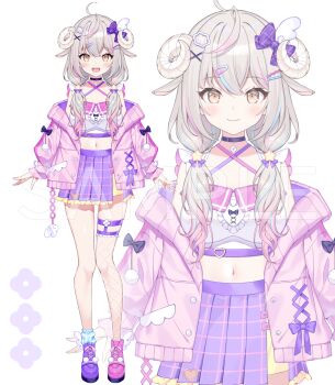 Rule 34 | 1girl, :d, ahoge, animal ears, asymmetrical footwear, asymmetrical legwear, black bow, black choker, blue hair, blue socks, blush, bow, brown eyes, choker, closed mouth, commentary request, criss-cross halter, crop top, cropped shirt, cross-laced clothes, different zoom layer, fishnet thighhighs, fishnets, frilled skirt, frills, full body, grey hair, hair bow, hair ornament, hairclip, halterneck, hibiya tsubasa, horns, indie virtual youtuber, jacket, long hair, long sleeves, looking at viewer, midriff, miniskirt, mismatched footwear, mismatched legwear, multicolored hair, navel, off shoulder, open clothes, open jacket, open mouth, pink hair, pink jacket, pink shoes, purple bow, purple shoes, purple skirt, sample watermark, sheep ears, sheep girl, sheep horns, shirt, shoes, simple background, single sock, single thighhigh, skirt, sleeve bow, sleeveless, sleeveless shirt, smile, socks, standing, star (symbol), star hair ornament, streaked hair, tatejima uri, teeth, thigh strap, thighhighs, uneven legwear, upper teeth only, virtual youtuber, watermark, white background, white horns, white shirt, white thighhighs, wing hair ornament, winged shoes, wings, x hair ornament, yellow eyes