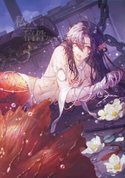 1boy ahoge armlet artist_request bare_shoulders bead_necklace beads black_hair blood blood_on_face boat bound bound_wrists bracelet branded breasts chain chenqing_flute chinese_commentary clenched_teeth crying crying_with_eyes_open cuts dizi eyelashes fins flower flute flute_tassel gem hair_between_eyes hair_down hair_ribbon half_updo head_fins highres implied_yaoi injury instrument jewelry long_hair looking_at_viewer lying male_focus merman modao_zushi monster_boy monsterification navel necklace nude official_alternate_hairstyle on_boat on_side outdoors parted_lips partially_submerged pearl_(gemstone) pearl_armlet pearl_belt pearl_bracelet pearl_necklace red_eyes red_ribbon red_scales ribbon ribbon_bondage scales scar scar_on_chest second-party_source sidelocks sky solo tassel tears teeth transverse_flute treasure treasure_chest water water_drop watercraft watermark wei_wuxian wei_wuxian_(yiling_laozu) wet wet_hair white_flower white_ribbon