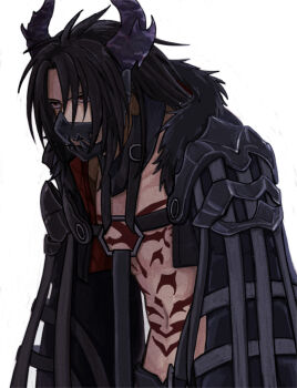 1boy black_fur black_hair black_jacket body_markings cropped_jacket demon_horns final_fantasy final_fantasy_vii final_fantasy_vii_ever_crisis fur-trimmed_jacket fur_trim galian_beast hair_between_eyes horns jacket long_hair male_focus muzzle_(mask) official_alternate_costume red_eyes s_m_man solo upper_body vincent_valentine vincent_valentine_(galian_beast_mantle) white_background