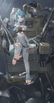 1girl absurdres bare_shoulders blue_eyes blue_hair blush braid braided_ponytail breasts collar commentary_request dress elbow_gloves full_body gloves hair_ornament highres long_hair looking_at_viewer mecha medium_breasts medium_hair megu_(jim48834420) pantyhose pointing pointing_at_viewer robot see-through_clothes seed_(zenless_zone_zero) seed_sr. segway short_dress side_slit sitting soles solo swept_bangs white_dress white_gloves white_pantyhose zenless_zone_zero