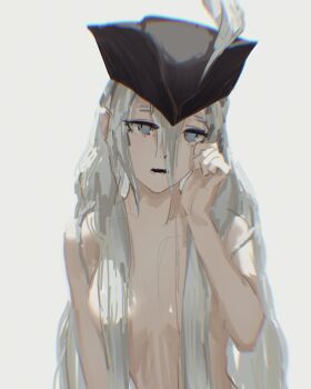 1girl absurdres arm_up black_hat bloodborne blue_eyes breasts commentary crisslioo grey_hair hair_between_eyes hair_over_breasts hat hat_feather highres lady_maria_of_the_astral_clocktower looking_at_viewer nude open_mouth simple_background solo standing tricorne upper_body white_background