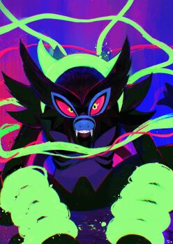 blue_background colored_sclera fangs gen_8_pokemon hashtag-only_commentary high_contrast highres looking_at_viewer monkey mythical_pokemon nintendo no_humans pokemon pokemon_(creature) red_sclera sharp_teeth smoke solo teeth u_tei zarude