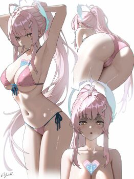 1girl absurdres aemeath_(wuthering_waves) ahoge alternate_costume armpits arms_up ass bikini breasts cleavage collarbone commentary front-tie_bikini_top front-tie_top hair_ornament hair_tie_in_mouth halterneck highres large_breasts long_hair looking_at_viewer mouth_hold multiple_views navel orange_eyes partially_visible_vulva pink_bikini pink_hair ponytail side-tie_bikini_bottom simple_background star-shaped_pupils star_(symbol) stomach string_bikini swimsuit symbol-shaped_pupils tacet_mark_(wuthering_waves) thighs twitter_username very_long_hair white_background wuthering_waves yasuki27