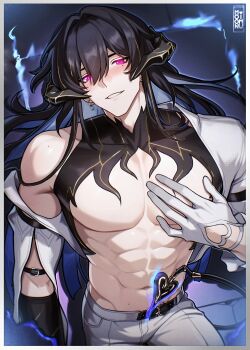 1boy absurdres artist_name black_hair blue_fire clothing_cutout commentary cowboy_shot demon_boy demon_horns demon_tail earrings english_commentary fire genderswap genderswap_(ftm) glove_cutout gloves glowing glowing_eyes hair_between_eyes hand_on_own_chest highres honkai:_star_rail honkai_(series) horns jacket jewelry long_hair looking_at_viewer male_focus mole mole_under_eye moonimu_art navel pants parted_lips pink_eyes single_off_shoulder smile solo tail the_dahlia_(honkai:_star_rail) toned toned_male white_gloves white_jacket white_pants