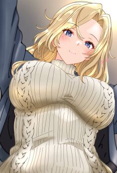 1girl absurdres blonde_hair blue_eyes breasts cable_knit commentary_request from_below highres hornet_(kancolle) japanese_clothes jinbei_(clothes) kantai_collection large_breasts long_hair looking_at_viewer nitamako_(sakamalh) ribbed_sweater smile solo sweater turtleneck turtleneck_sweater upper_body white_sweater
