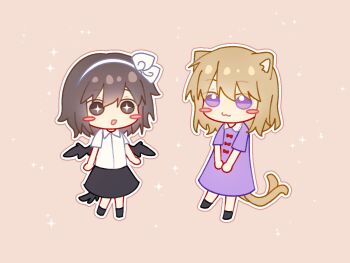 2girls :3 animal_ears arster black_shoes black_skirt black_wings blush bow bow_button brown_eyes cat_ears collared_dress collared_shirt commentary_request contrast_collar dateless_bar_"old_adam" dress four-pointed_star full_body hairband highres kemonomimi_mode maribel_hearn medium_hair multiple_girls multiple_tails open_mouth outline purple_dress purple_eyes red_bow shirt shirt_tucked_in shoes short_sleeves skirt standing star-shaped_pupils star_(symbol) symbol-shaped_pupils tail touhou two_tails usami_renko white_hairband white_shirt wings