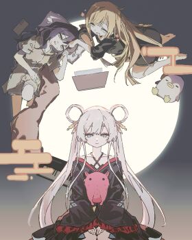 3girls :d bare_shoulders black_kimono black_shirt blonde_hair blue_eyes cho_kaguya-hime! closed_eyes closed_mouth computer egasumi eyeshadow frilled_kimono frills hair_ornament hair_rings hair_stick highres japanese_clothes ju_wu_niang_tunshi_zhe kaguya_(cho_kaguya-hime!) kimono laptop long_hair long_sleeves lying makeup moon multiple_girls octopus on_back on_stomach open_mouth pajamas pillow purple_hair red_eyeshadow runami_yachiyo sakayori_iroha shirt sitting smile stuffed_animal stuffed_penguin stuffed_toy twintails white_hair