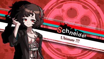 1girl black_coat black_hair breasts character_name closed_mouth coat commentary danganronpa_(series) dress drop_shadow english_commentary english_text feather_dress feather_hair_ornament feathers haihaiera hair_ornament hairband halftone halftone_background hand_up highres looking_at_viewer open_clothes open_coat red_background red_dress red_eyes red_feathers reverse:1999 schneider_(reverse:1999) short_hair small_breasts smile solo upper_body white_hairband