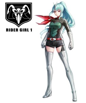 Rule 34 | 1girl, aqua hair, belt, black bodysuit, black garter straps, bodysuit, boots, commentary, eidenjyou1997, elbow gloves, english commentary, garter straps, genderswap, genderswap (mtf), gloves, high ponytail, highres, kamen rider, kamen rider (1st series), kamen rider 1, logo, long hair, ponytail, red belt, red eyes, red scarf, rider-tan, rider belt, scarf, shorts, silver boots, silver gloves, simple background, solo, thigh boots, typhoon (kamen rider), white background