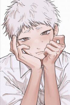 Rule 34 | 1boy, blush, closed mouth, collared shirt, commentary request, highres, hikaru ga shinda natsu, indou hikaru, looking at viewer, male focus, moccchinmo, red pupils, shirt, short eyebrows, short hair, simple background, solo, tears, twitter username, white background, white hair, white shirt