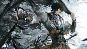1boy arm_armor bamboo black_hair black_hat bottle cloak commentary english_commentary from_side green_ribbon grey_eyes hair_ribbon hat highres holding holding_bottle long_hair looking_ahead male_focus official_art parted_lips ponytail qiuyuan_(wuthering_waves) ribbon solo upper_body white_cloak wuthering_waves
