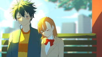 Rule 34 | 1boy, 1girl, a certain high school uniform, absurdres, asymmetrical bangs, bench, black eyes, black hair, black jacket, blazer, blurry, blurry background, blush, bow, bowtie, brown hair, brown jacket, brown shirt, building, closed eyes, closed mouth, collared jacket, collared shirt, commentary request, hair ornament, hairpin, hetero, highres, jacket, kamijou touma, leaning on person, long sleeves, looking at another, medium hair, misaka mikoto, one eye closed, outdoors, park bench, ran akabara, red bow, red bowtie, school uniform, shirt, short hair, side-by-side, skyscraper, sleeping, sleeping on person, spiked hair, toaru kagaku no railgun, toaru majutsu no index, tokiwadai school uniform, two-tone shirt, white shirt, winter uniform