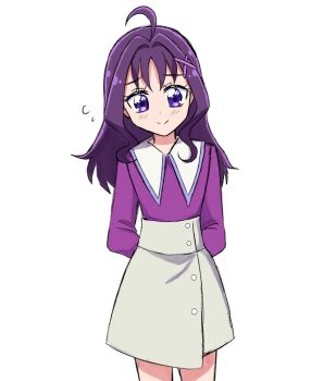 1girl ahoge alternate_hairstyle aokaze_nana aokaze_nana_(cosplay) arms_behind_back blush button_up_skirt chinese_commentary closed_mouth collared_shirt commentary contrast_collar cosplay cowboy_shot flying_sweatdrops furrowed_brow grey_skirt hair_down hair_intakes hair_ornament hakuchuu kimi_to_idol_precure long_hair long_sleeves looking_at_viewer precure purple_hair purple_shirt shigure_kokoro shirt simple_background skirt smile solo split_mouth standing white_background x_hair_ornament