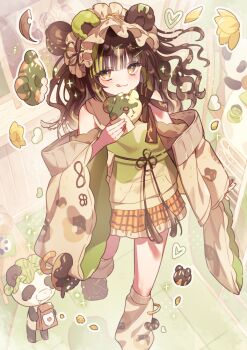 1girl :3 :q animal_ears bare_shoulders bear_ears bear_girl blunt_bangs blush brown_hair closed_mouth commentary donut dress food foot_out_of_frame green_dress holding holding_donut holding_food kneehighs long_hair long_sleeves looking_at_viewer loose_socks original panda socks solo standing symbol-only_commentary tongue tongue_out tsukumi_bis white_socks wide_sleeves yellow_eyes