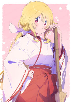 Rule 34 | 1girl, blonde hair, blush, border, broom, closed mouth, commentary request, cowboy shot, hair between eyes, hair ribbon, hakama, hakama skirt, highres, holding, holding broom, japanese clothes, kimono, long hair, long sleeves, looking at viewer, magia record: mahou shoujo madoka magica gaiden, mahou shoujo madoka magica, miko, outside border, pink background, red eyes, red hakama, ribbon, ribbon-trimmed sleeves, ribbon trim, serizawa serizane, skirt, solo, togame momoko, white border, white kimono, white ribbon, wide sleeves