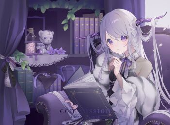 1girl black_dress book commentary_request commission couch dress fur_shawl grey_hair hair_on_horn highres holding holding_book horns indie_virtual_youtuber indoors long_hair looking_at_viewer minazuki_miou_(vtuber) purple_eyes purple_nails purple_theme shawl sitting skeb_commission solo stuffed_animal stuffed_toy suiri_(suiri_02) virtual_youtuber