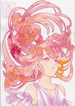 Rule 34 | 1girl, absurdres, art nouveau, bare shoulders, breasts, collarbone, colored eyelashes, colored lineart, commentary request, detached sleeves, dress, eyelashes, floating hair, flower, frilled sleeves, frills, hair flower, hair ornament, highres, kazamati soyoka, long hair, medium breasts, open mouth, orange flower, orange rose, original, pink eyes, pink flower, pink hair, pink rose, pink theme, red flower, red rose, rose, simple background, solo, upper body, watermark, white background, white dress