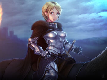 1girl animal armor black_cape blonde_hair boobplate breastplate cape closed_mouth cloud cloudy_sky commentary_request fur_trim gauntlets green_eyes highres horiishi_horuto horse horseback_riding knight original outdoors plate_armor revision riding saddle sheath sheathed short_hair sky solo sword weapon