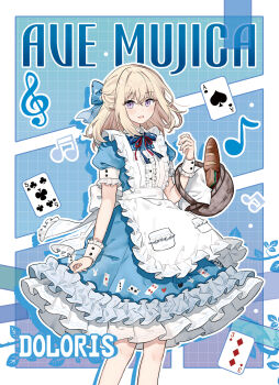 Rule 34 | 1girl, alice (alice in wonderland), alice (alice in wonderland) (cosplay), alternate costume, alternate hairstyle, apron, ave mujica (bang dream!), baguette, bang dream!, basket, blonde hair, blue bow, blue dress, bow, bread, card, chinese commentary, club (shape), commentary request, cosplay, diamond (shape), dress, english text, feet out of frame, food, frilled dress, frills, hair between eyes, hair bow, highres, holding, holding basket, long hair, looking at viewer, migolu, misumi uika, nuoweisenlin tongren gongzuoshi, open mouth, playing card, puffy short sleeves, puffy sleeves, purple eyes, ribbon, short sleeves, smile, solo, spade (shape), white apron, wrist cuffs