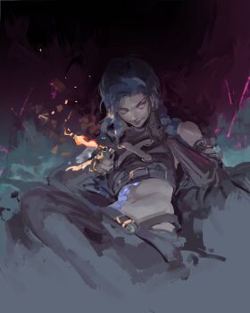 1girl absurdres arcane:_league_of_legends arcane_jinx blue_hair closed_mouth crossed_legs fire glowing glowing_eyes hand_on_own_face highres holding holding_lighter jinx_(league_of_legends) kanji_(nievart) league_of_legends lighter long_hair looking_at_viewer midriff painterly pink_eyes simple_background sitting smile solo stomach_tattoo tattoo