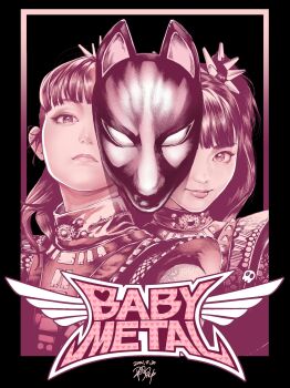 Rule 34 | 2girls, babymetal, black background, border, copyright name, dated, fox mask, hair behind ear, highres, hiraoka koushi, kikuchi moa, logo, looking at viewer, mask, monochrome, multiple girls, nakamoto suzuka, one eye covered, pink border, pink theme, ponytail, real life, signature, smile, twintails